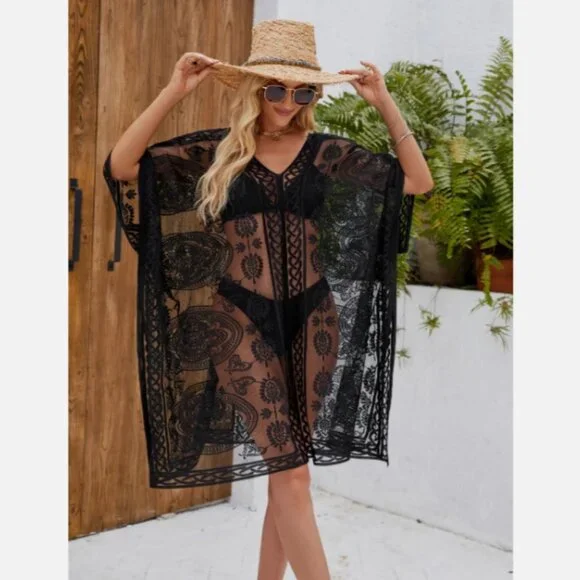 Colornival Swimwear Beach Pool Cover Up Poncho Black V Neck Lace Floral Paisley - Picture 3 of 13
